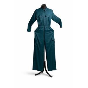 Express Women’s Teal Jumpsuit Sz S Button Fnt Long Sleeve Cargo Pockets Wide Leg
